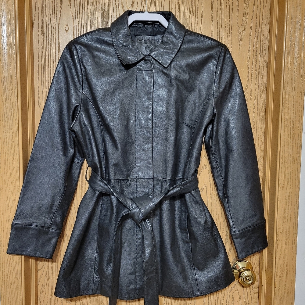 Kathy Ireland Black Belted Genuine Leather Jacket Size Large